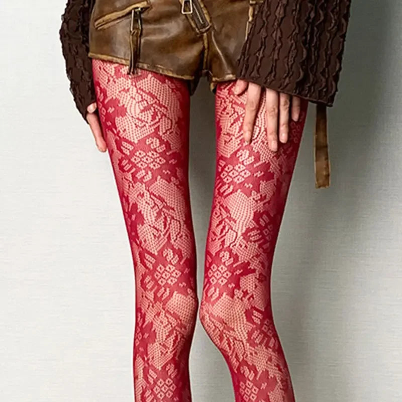 Women Floral Lace Tights Summer Mesh Sexy Hollowed Out Thin and Breathable Retro Punk Y2k Pantyhose Individual Fishnet Stockings