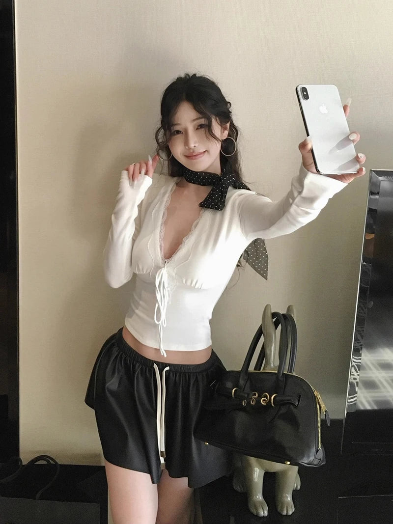 Women's Lace Trim Plunge V Neck Long Sleeved Slim Fit Top