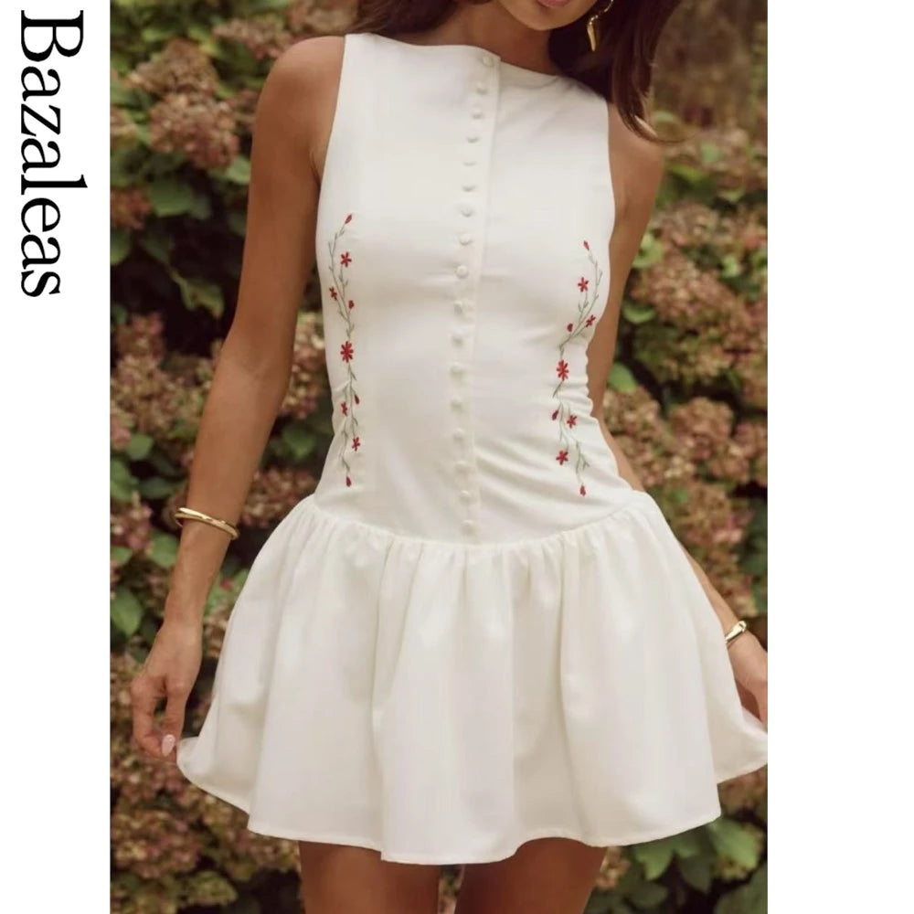 2025 Women's White dress Mini Summer buttons front pleated Dresses Vintage vest embroidery dresses