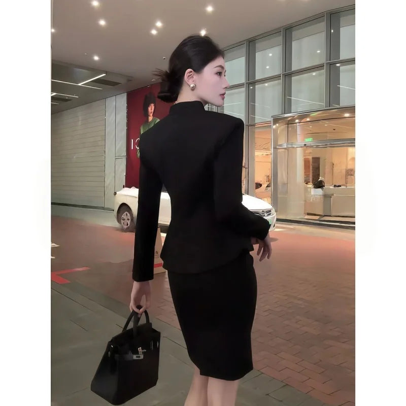 French Elegant Black Suit Women Autumn V-Neck Single Breasted Ruffle Jacket+ Slim Mini Pencil Skirt Office Lady Formal 2pcs Set