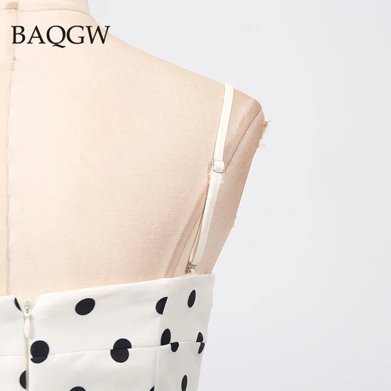 Vintage Dot Printing Slimming Long Dresses for Women Square Collar Sleeveless Backless High Waist Elegant Dress Female Style New