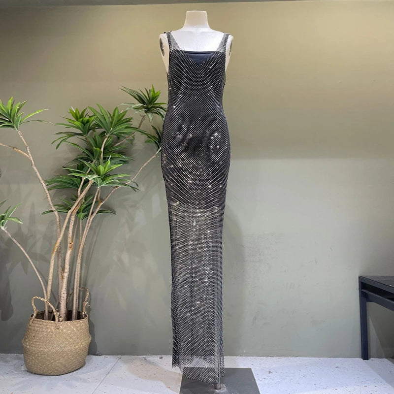 Women Evening Party Glitter Long Dress Sexy Side High Slit Black Shining Luxury Spaghetti Strap High Split Dresses with Sequins
