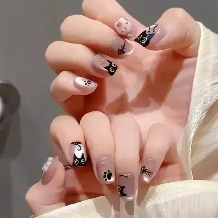 24pcs Cute Girly Short Square False Nails Sweet White French Nail Glitter Star Rhinestones Nail Art Cat Eye Bow Press On Nails