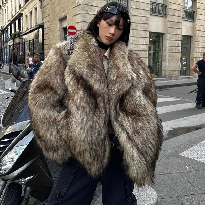 Long Faux Fur Coat Women Autumn Winter Large Jacket Overcoat White Turn Down Collar Pockets Thick Coat Warm Jackets Maxi Coats