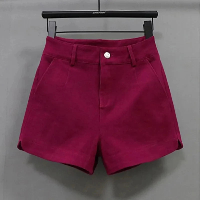 Red Casual Shorts Women Dopamine Summer New Korean version High waist Slimming Stretch Denim A-line wide leg hot Pants Female