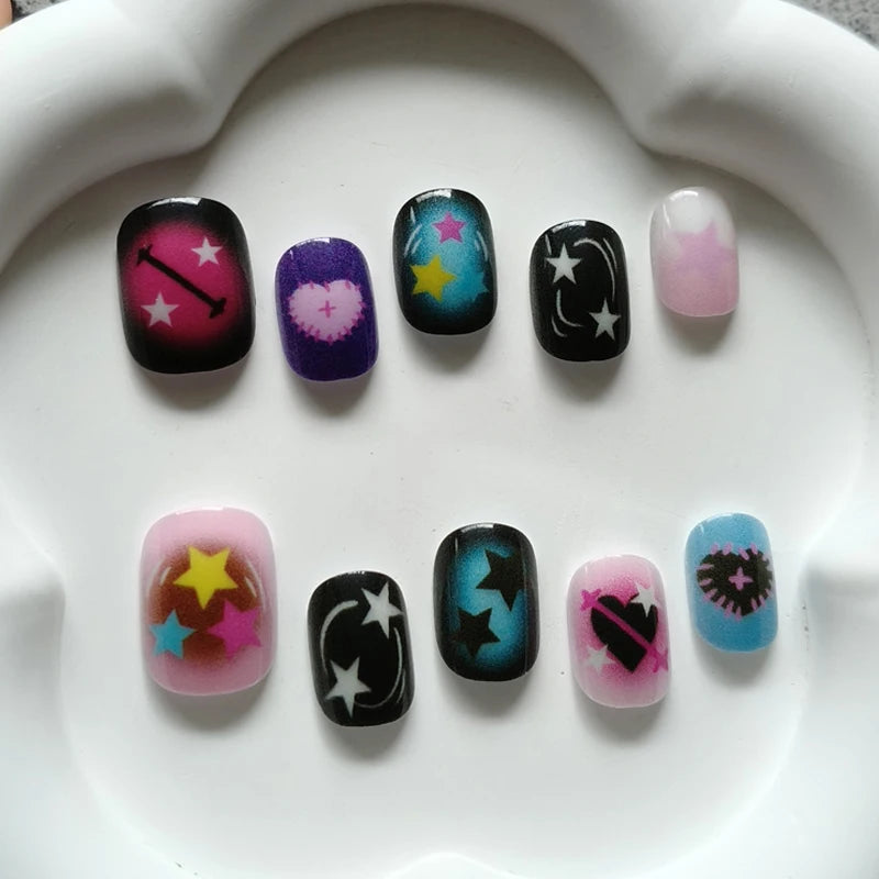 10Pcs Korean Style Candy Color Star and Heart Press On Nails Little Fresh Style Cat-eye Reusable Fake Nail Art Patch Stickers