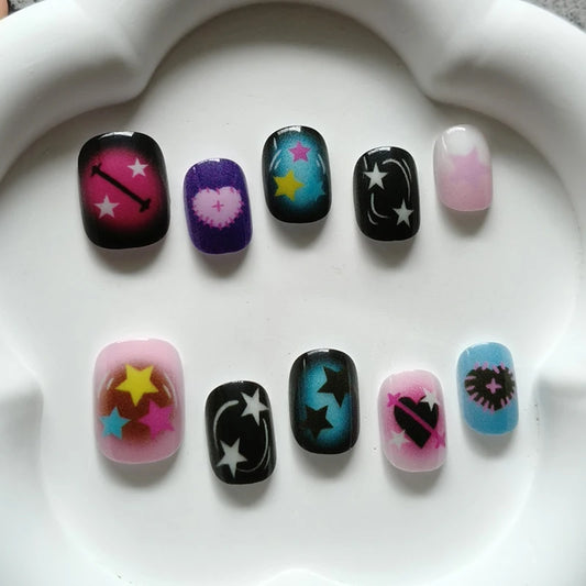 10Pcs Korean Style Candy Color Star and Heart Press On Nails Little Fresh Style Cat-eye Reusable Fake Nail Art Patch Stickers