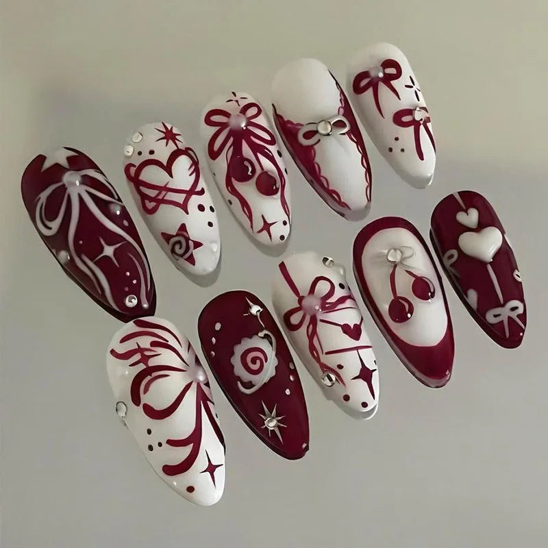 30pcs 3D Dream Rose Press on Nails Heart & Animal Wave Fake Nail Short Almond Full Coverage Nail for Women&Girl False Nail Art