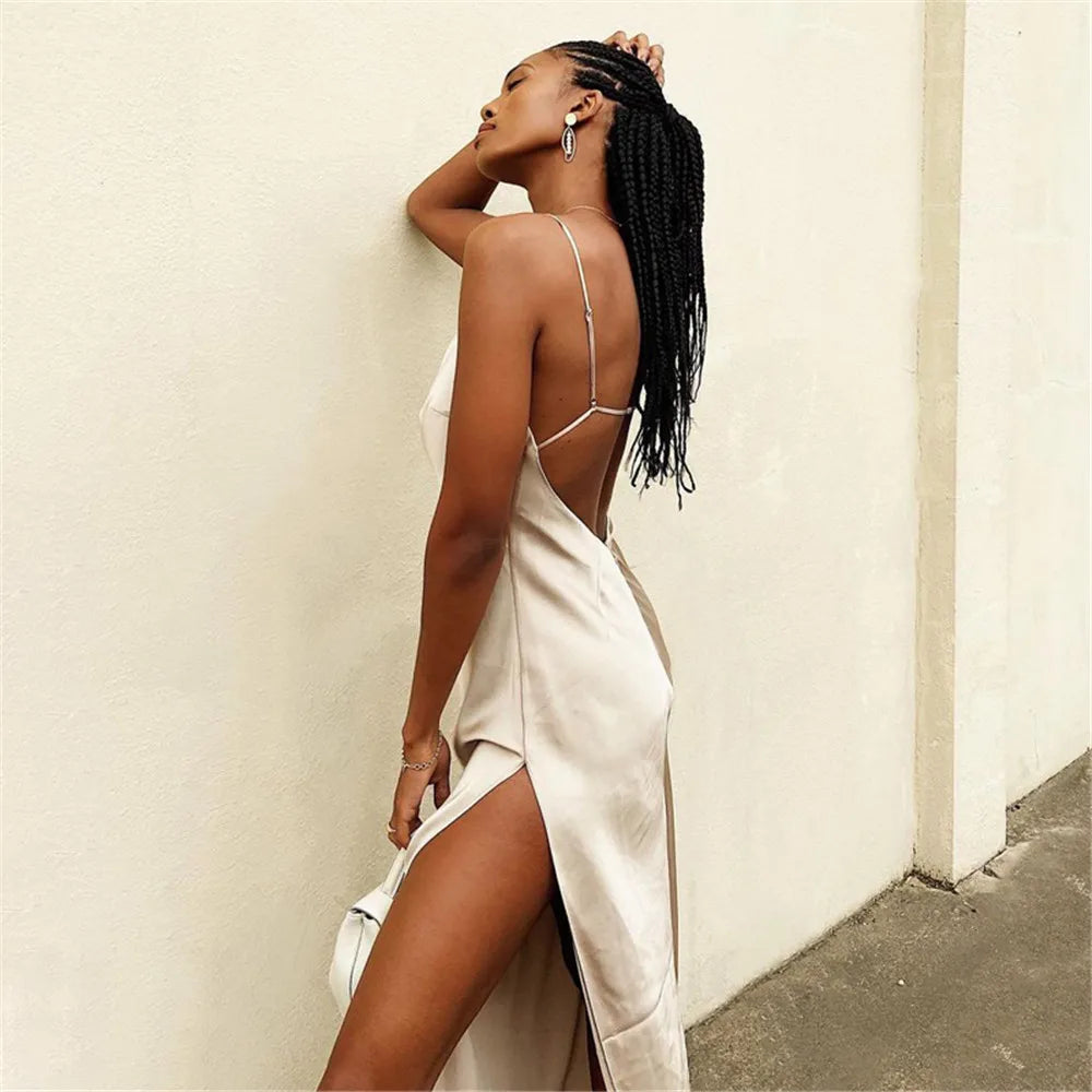 Satin Spaghetti Strap Split Backless Bodycon Maxi Dress | Inspired by Neslihan Atagül