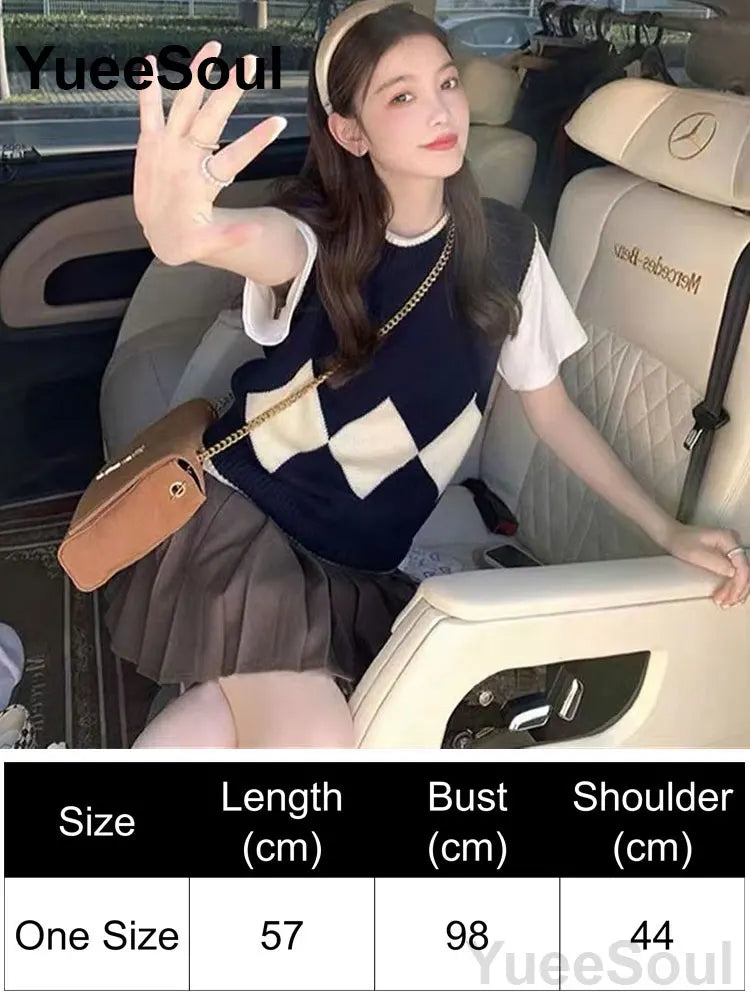 Blue Argyle Women's Vest Plaid Sleeveless Pullover Loose Knitted Sweater Vest 2026 New Autumn Y2K Casual Oversized Waistcoat
