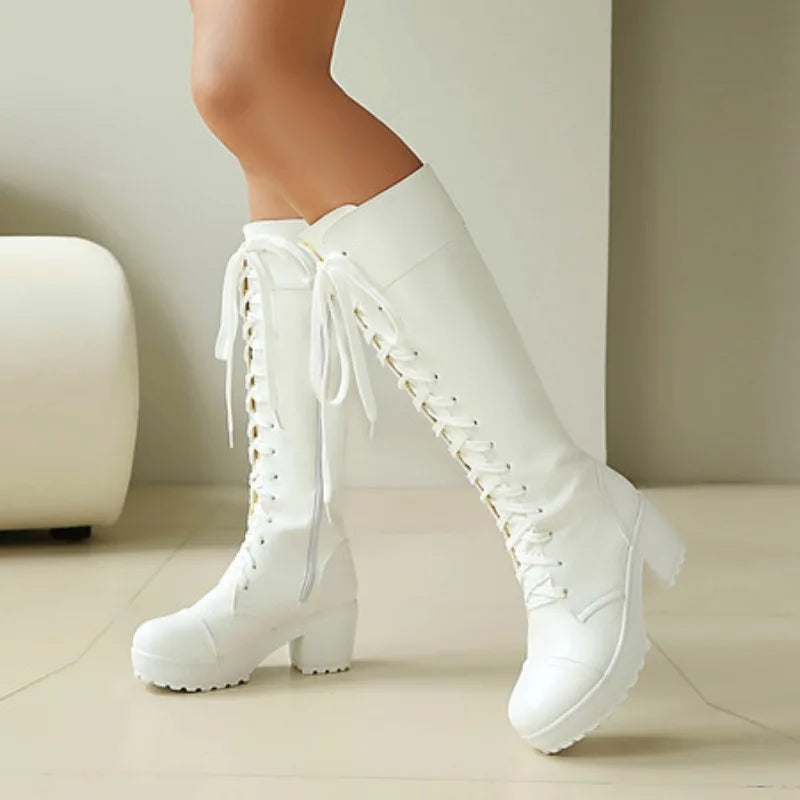 Women's Shoes Fashion Womens Knee High Boots Designer Lace Up Combat Boots Chunky Platform Goth Boots for Women Plus Size 34-48