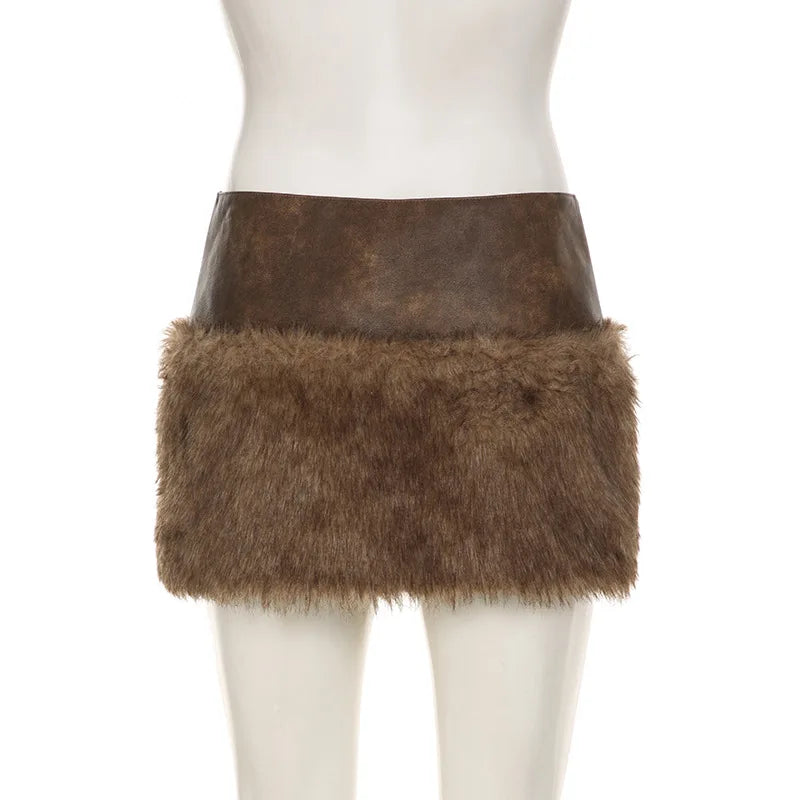 Vintage Patchwork Pu Leather Furry Skirt Women 2024 Winter Fashion Slim Mid-Waisted Mini Skirts Women Streetwear Lady