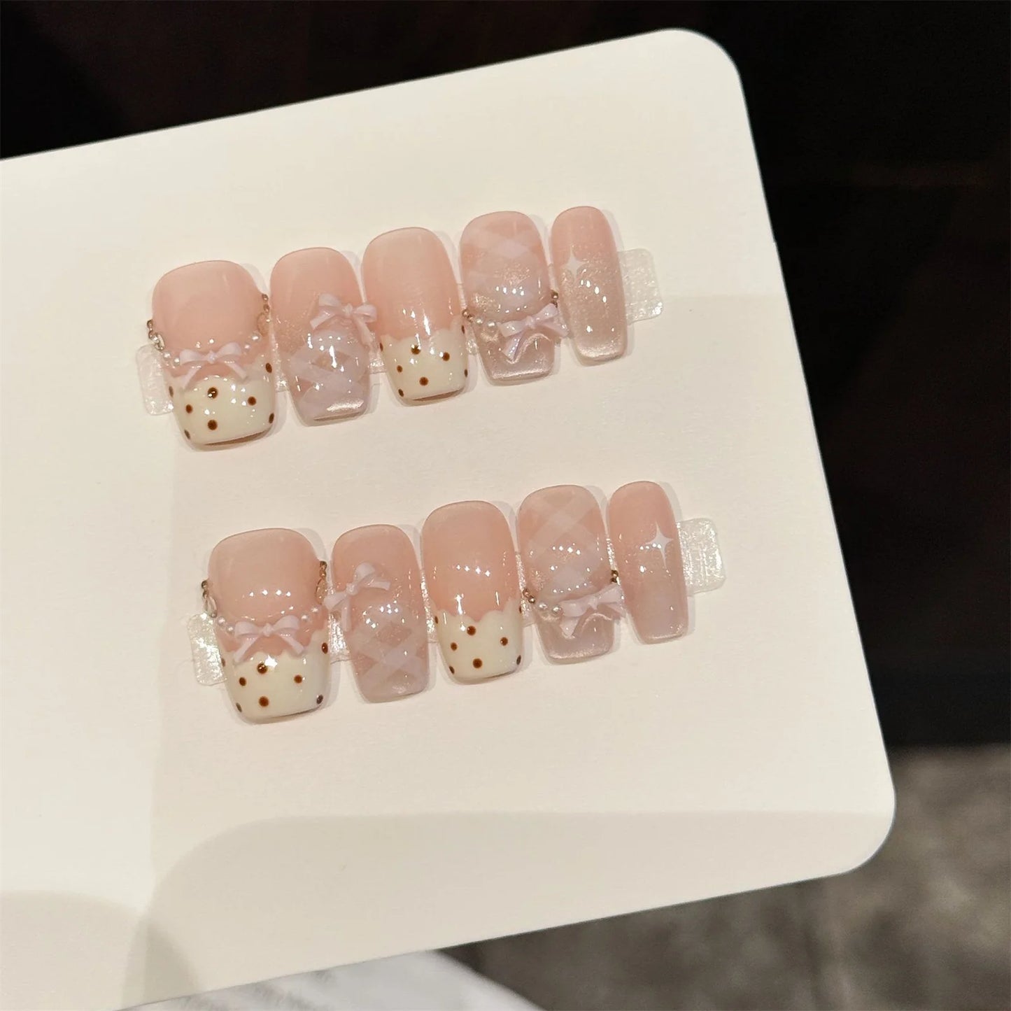 10pcs Sweet Stars Bow Handmade Fake Nails Press on Nails Gentle Cat's Eye Fake Nails French Tips Detachable Wedding False Nails