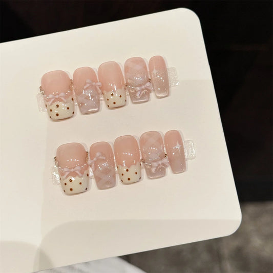 10pcs Sweet Stars Bow Handmade Fake Nails Press on Nails Gentle Cat's Eye Fake Nails French Tips Detachable Wedding False Nails