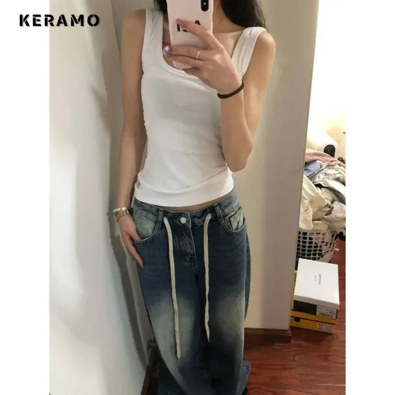 Harajuku Vintage Drawstring High Waist Loose Jeans 2023 Autumn Pants Winter Women's Y2K Wide Leg Baggy Streetwear Denim Trouser