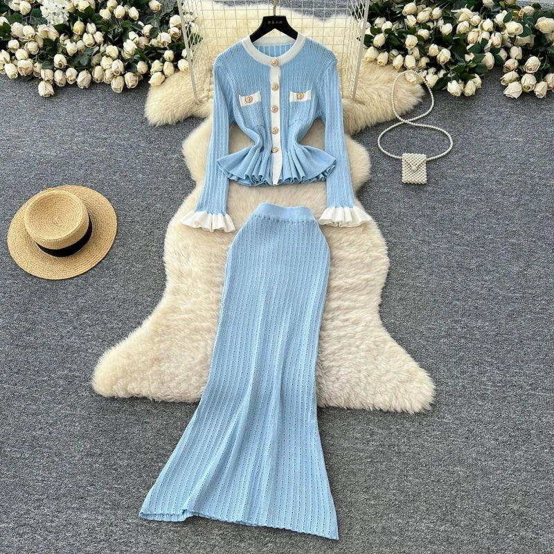 Elegant Colorblock Knitted 2 Piece Sets Women Outfit Spring Clothes Women Long Sleeve Top Mermaid Skirt Suit OL Style Dress Sets