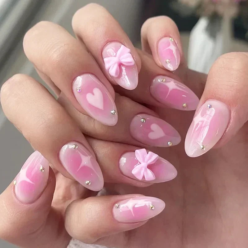 24Pcs Almond Press on Fake Nails Wearable Red Purple Blusher Halo Design False Nails Acrylic Full Over Simple Fashion Nail Tips
