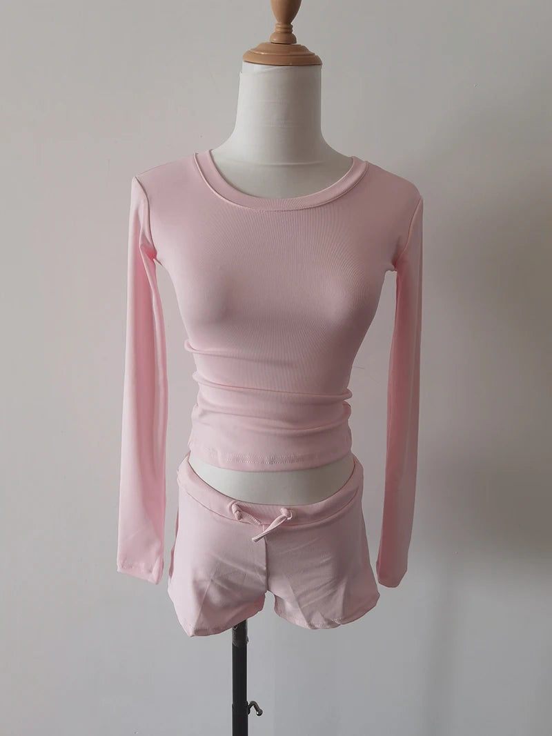 Casual Suit Women's Spring/summer Pink O-neck Long-sleeved T-shirt High Waist Shorts Two-piece Set Fashion Female Clothes