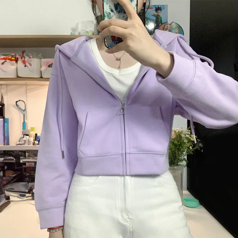 Hooded Korean Fashion Cropped Sweatshirts Autumn Solid Color Hoodie Drawstring Pockets Loose Zipper Hoodies Female Sweatshirt