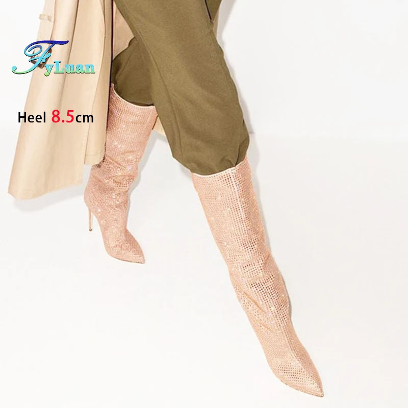Gorgeous Rhinestones Boots Full Crystal Diamond Star Stage Shoes Women Pointy Knee-high 8.5CM Thin Heel Glitter Party Long Boots