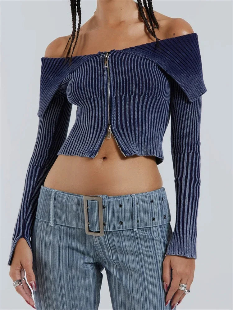 Lapel Gradient Print Long Sleeve Cardigan Crop Top for Women Off Shoulder Knitted Ribbed Zip Up Sweaters Jumpers 2024
