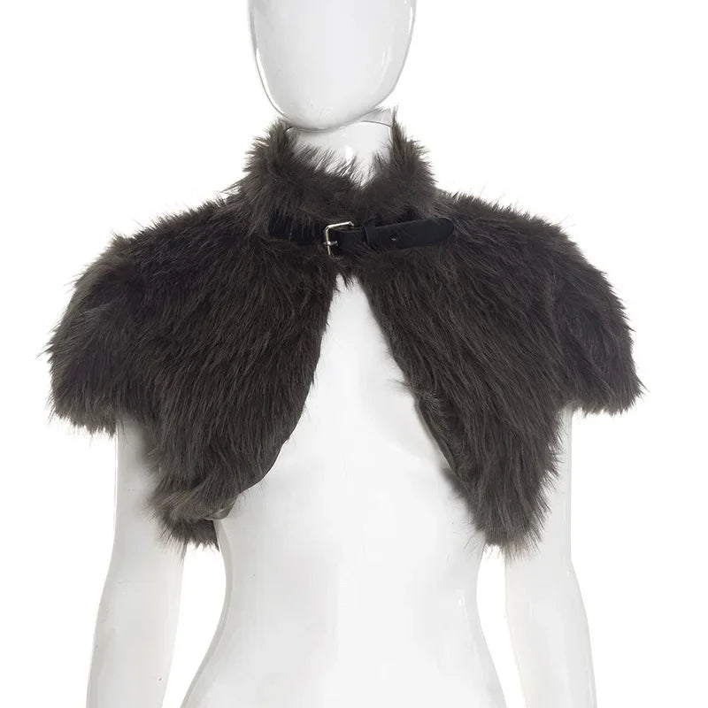 【Ready For Ship】Yellow Faux Fur Cropped Jackets Women Fall Winter Fashion Slim Sleeveless Vests Turn-Down Collar Buckle Belts Fu