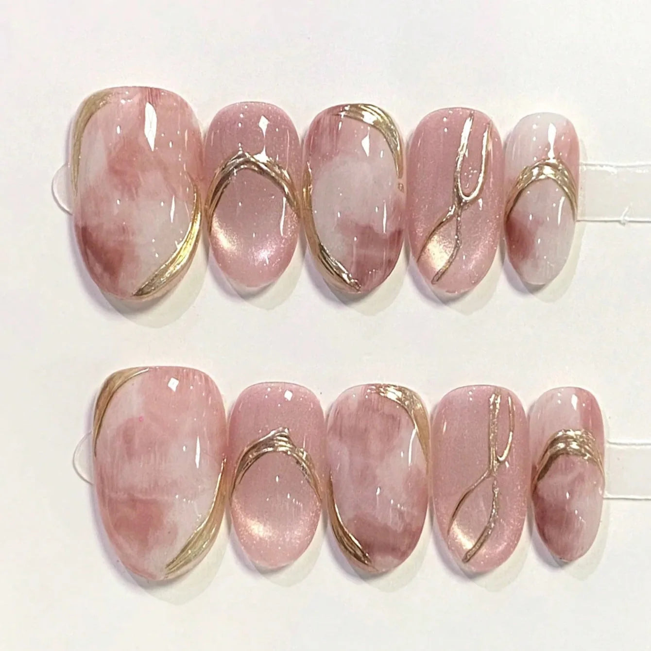 10Pcs White French Pink Heart Diamond Manicure Art Gentle Sweet Short Oval Artificial Wearing Nails Patch Full Cover Press Ons