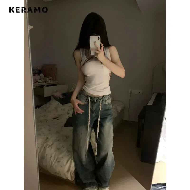 Harajuku Vintage Drawstring High Waist Loose Jeans 2023 Autumn Pants Winter Women's Y2K Wide Leg Baggy Streetwear Denim Trouser