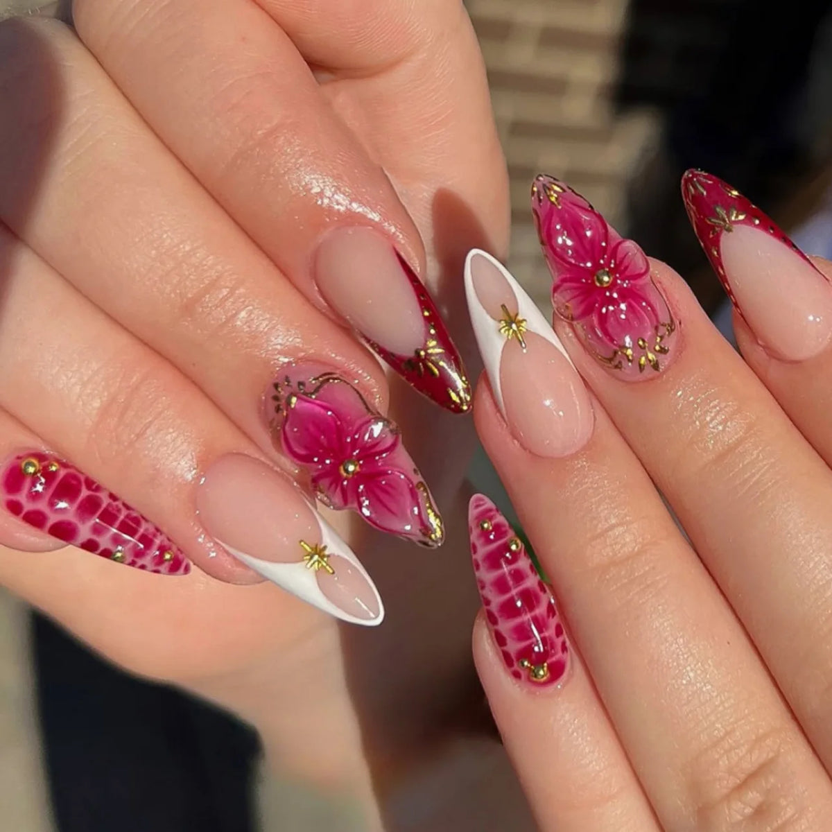 Almond 3D Flower Gradient Pearl Press-On Nails