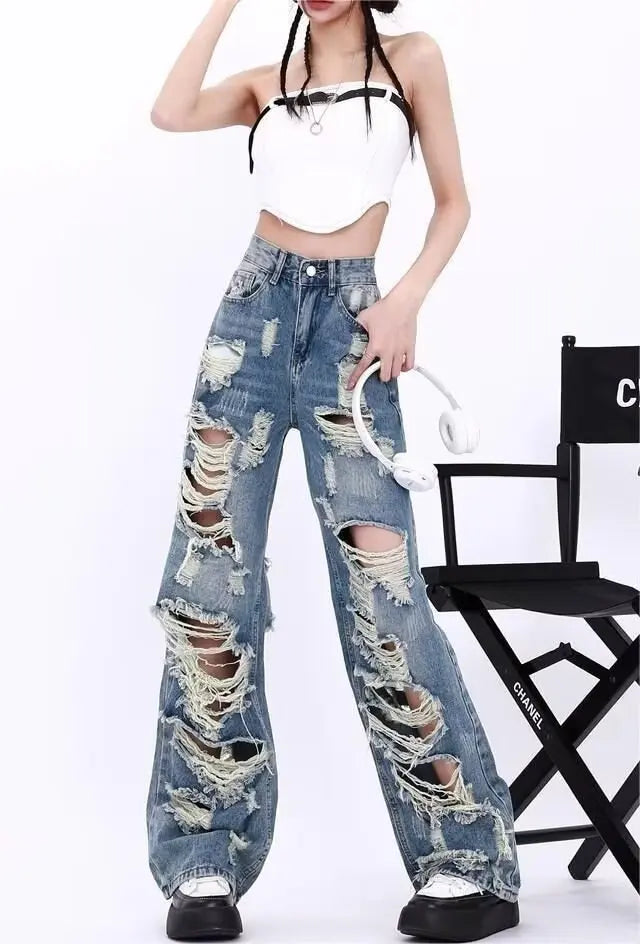 Ripped Jeans Women Summer 2024 Spring and Autumn New High Waist Slimming Straight Drape Small Wide Leg Pants Ins Fashion