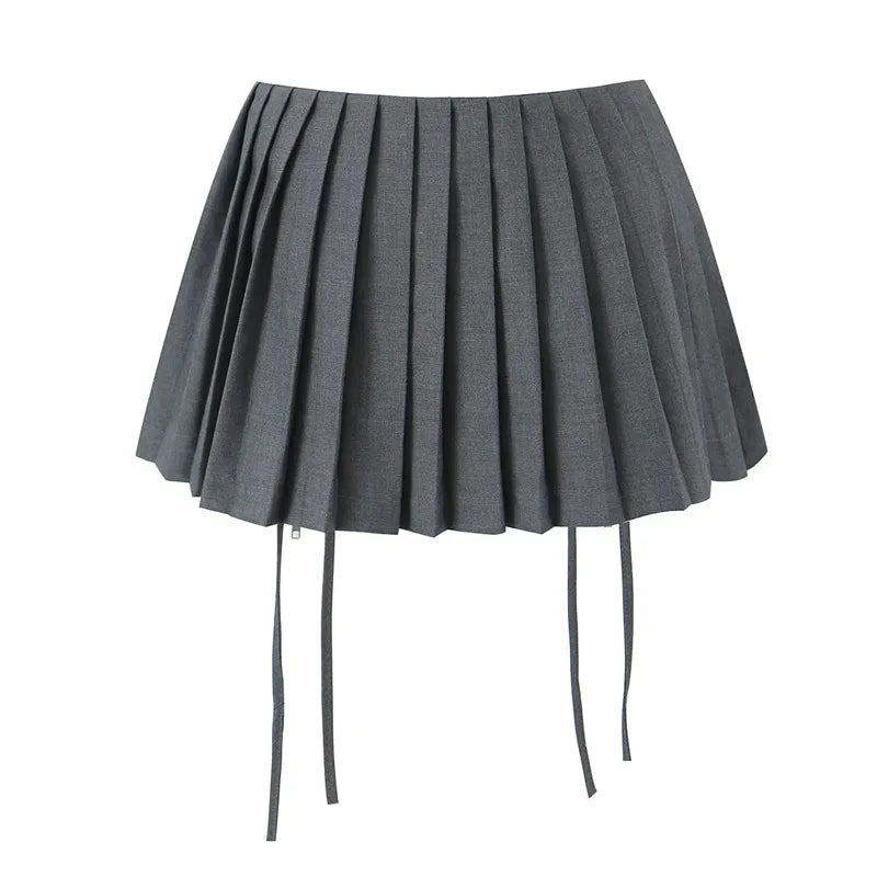 Sexy Lace Up Double Zipper Pleated Mini Skirt 2026 New Summer Fashion Elegant Women Low Waist Skirts Outfits Bottom Y2K
