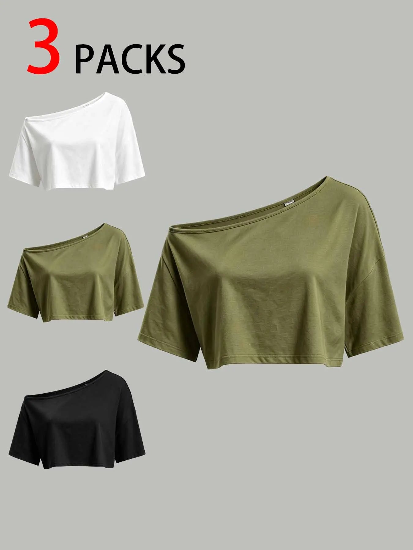 3Pcs Women Off Shoulder Loose Short Sleeve Cropped T Shirt Y2K Basic Casual Daily Streetwear Crop Tops
