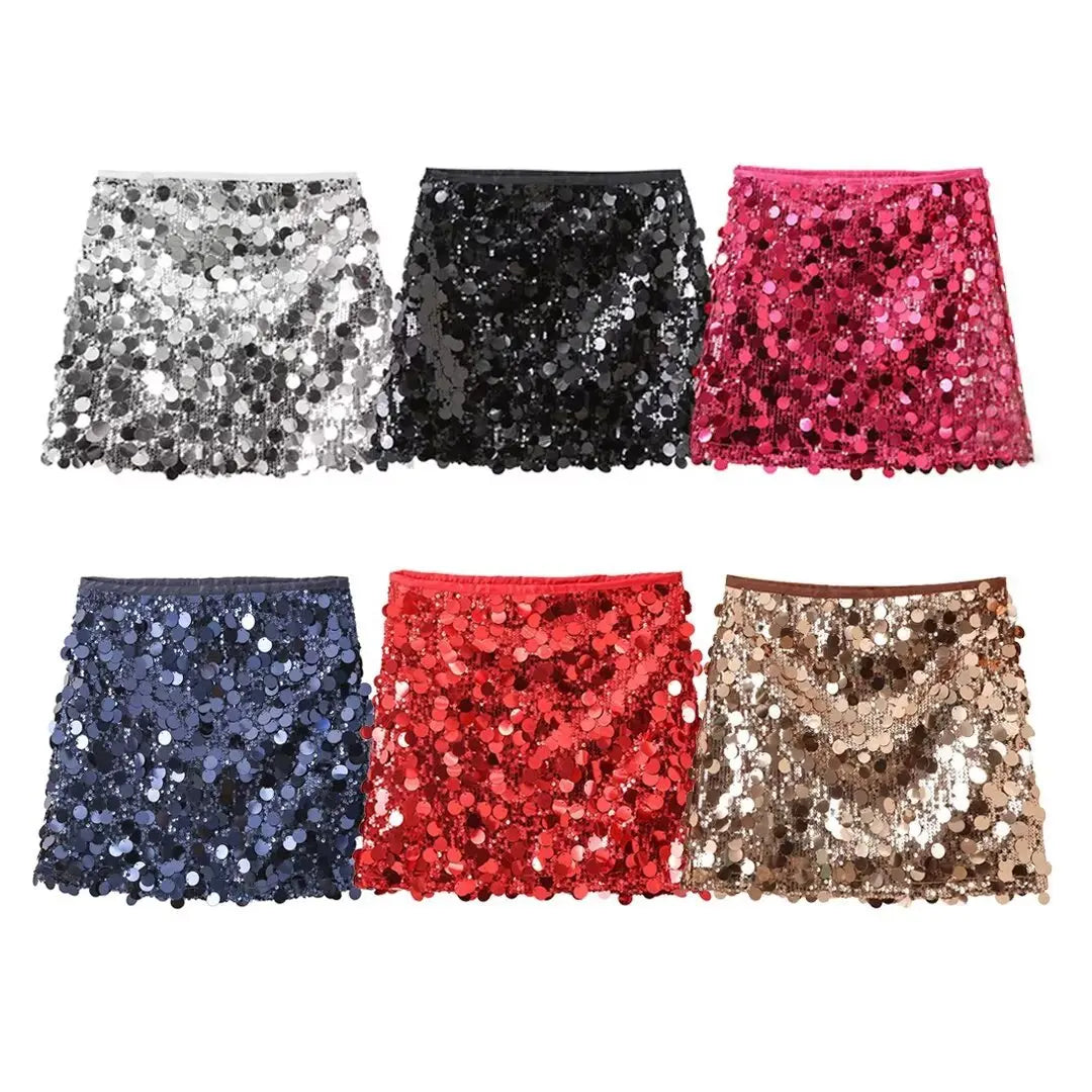 Women Fashion With Sequined Solid Side Zipper Mini Skirt Vintage High Waist Female Chic Lady Skirts