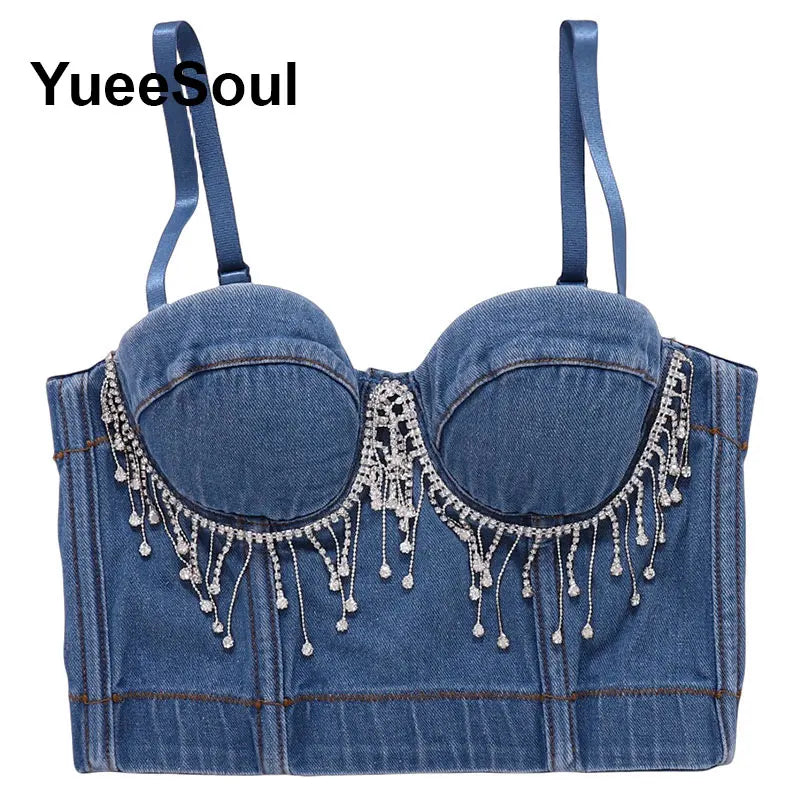 Denim Crop Tops Pearl Tassel Diamond Flower Blue Sleeveless Sexy Corset 2000s 2026 Summer New Y2K Party Evening Woman Clothes