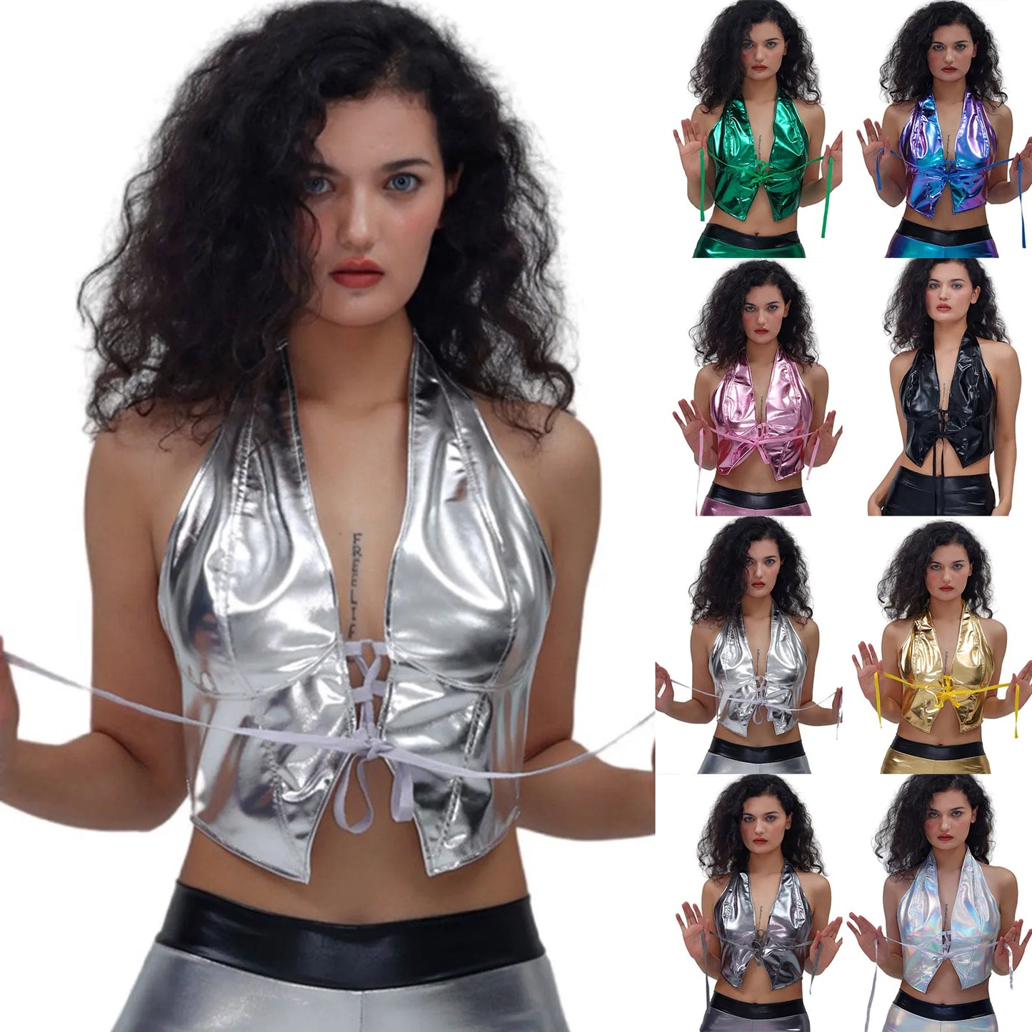 Women Glitter Tank Tops Sexy Backless Lace Up Party Club Metallic Shiny Crop Tops Low Waist Shorts Rave Festival Trendy Outfits