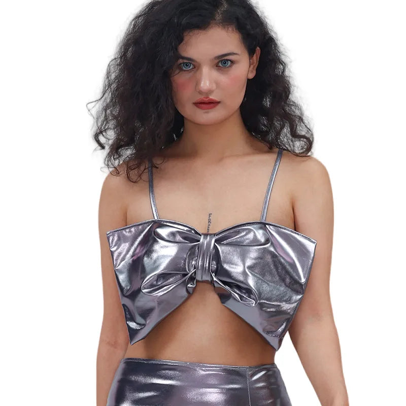 Bow Tie Sexy Spaghetti-strap Top Gilded Lacquered Costume Stage Performance Outfits Sweet Clothes for Women Summer
