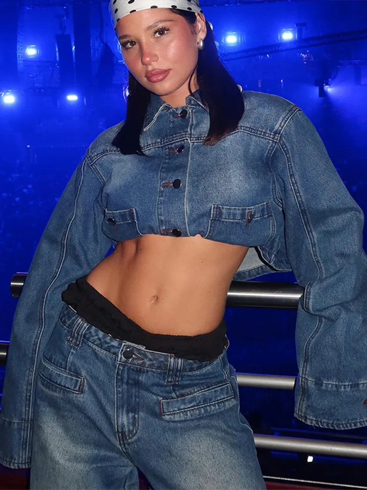 Lapel Woman's Denim Short Jacket Pants 2 Piece Sets Vintage Long Sleeves Denim Short Tops Dragging Baggy Low Rise Jeans Pants