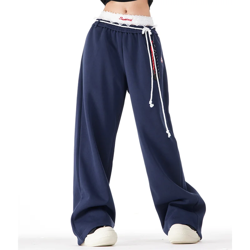 Blue Sweatpants Women Harajuku High-Waisted Loose Fashion Casual Wide-Leg Pants Lazy Tie Street Dance Jazz Hip-Hop Trousers