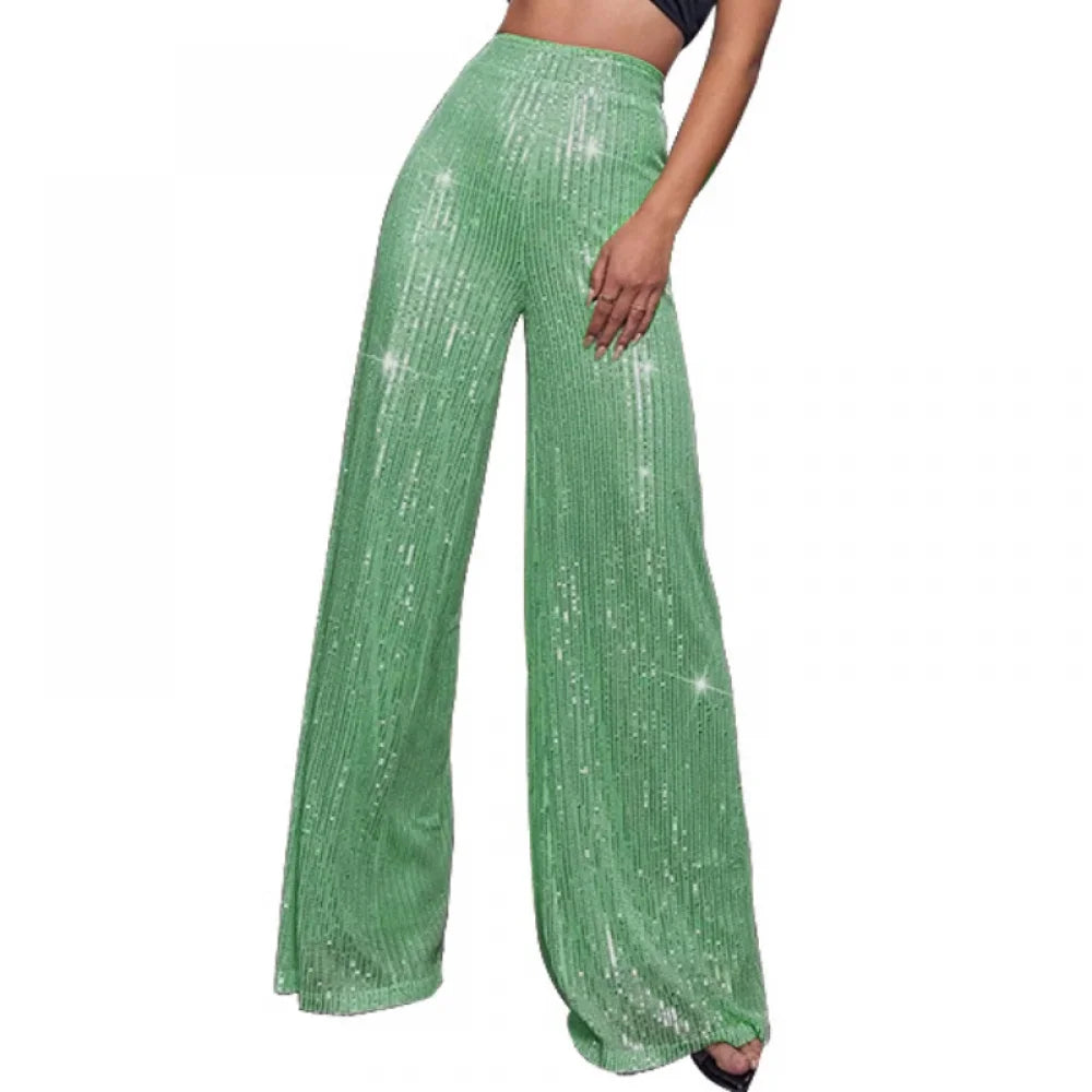 New Women Casual Sequin Sparkle Glitter Pants High Waist Flared Pants Elastic Loose Wide Disco Trousers Clubwear  Costumes