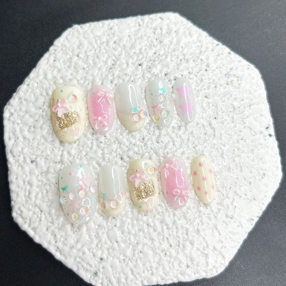 Pink Bows, Stars & Cherry Press-On Nails