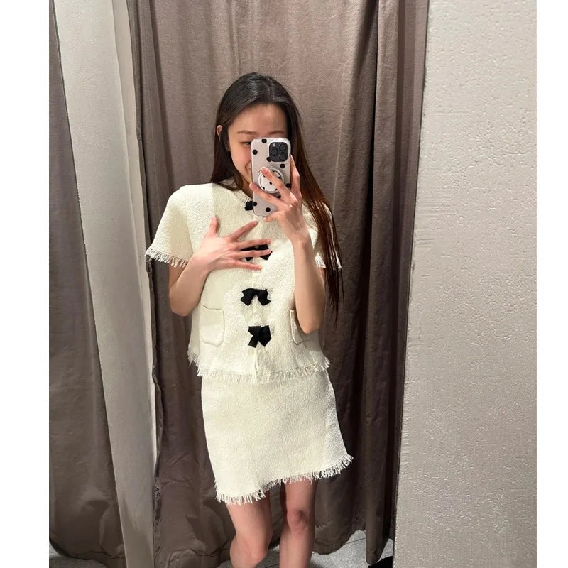 Elegant Knitted Short Sleeve Coat with Butterfly Knot Tassel for Women Summer Casual Set Ice Porcelain Cotton Street Style