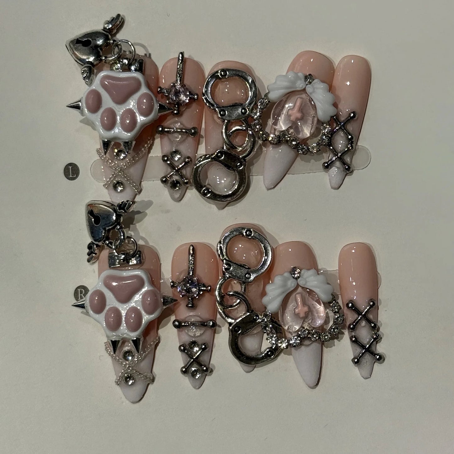 Long Stiletto Press on Fake Nails Blue Heart Diamond Bow Decoration False Nail Y2K Fashion Artificial Nail Handmade Acrylic Nail
