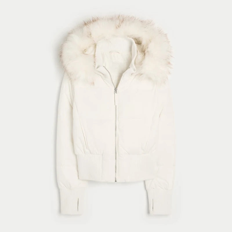 Chic Full Sleeve Zipper Pocket Cropped Jacket Fashion Women's Faux Fur Hooded Quilted Coat 2025 Winter New Lady Padded Outerwear