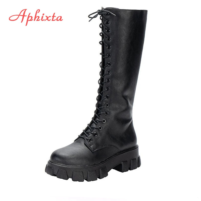 Aphixta 2025 Winter Shoes Women's Long High Boots Brown PU Leather Knee High Boots Female Fashion Lace Up Platform Botas Mujer