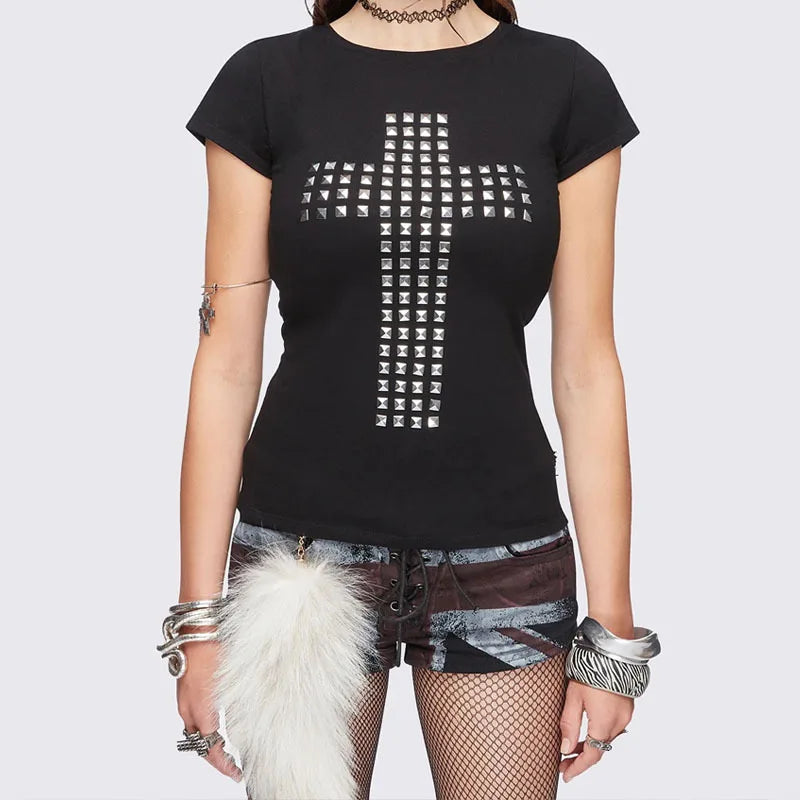 American Dark Gothic Square Rhinestone Cross Pattern O Neck Short Sleeve Tees Summer Hole Openwork Backless Sexy Spicy Girl Tops