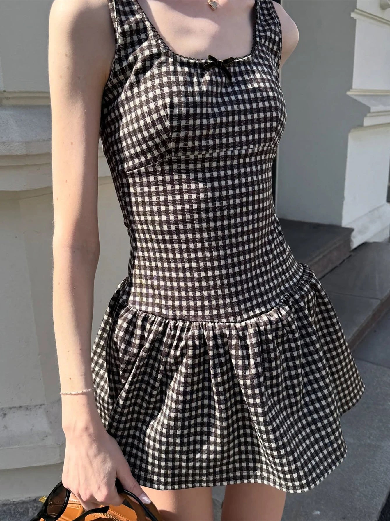 Hugcitar Women'S Elegant Plaid Print Sundress Straps Tie Bow Sexy Zipper Pleated Mini Dress Summer Fashion Party Holiday Outfit