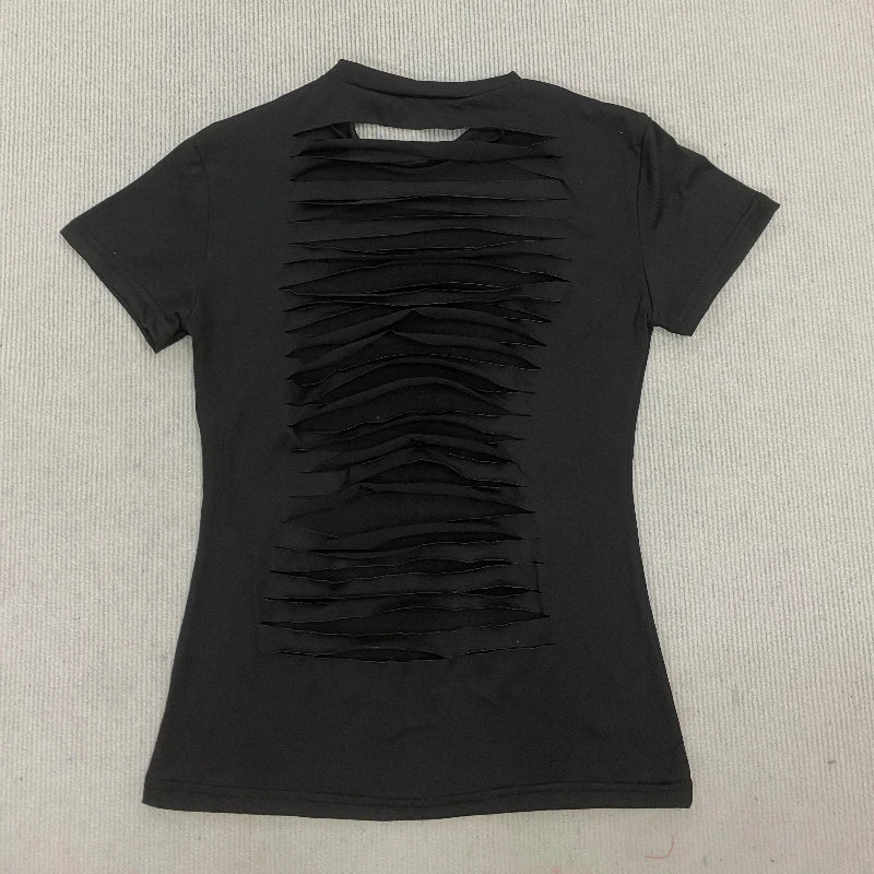 American Dark Gothic Square Rhinestone Cross Pattern O Neck Short Sleeve Tees Summer Hole Openwork Backless Sexy Spicy Girl Tops