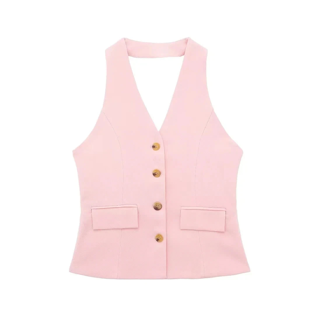 HH 2024 Female Elegant 2 Piece Solid Set High Waist Straight Trousers+Sleeveless Halter Vest Tops Chic Commuting Suit