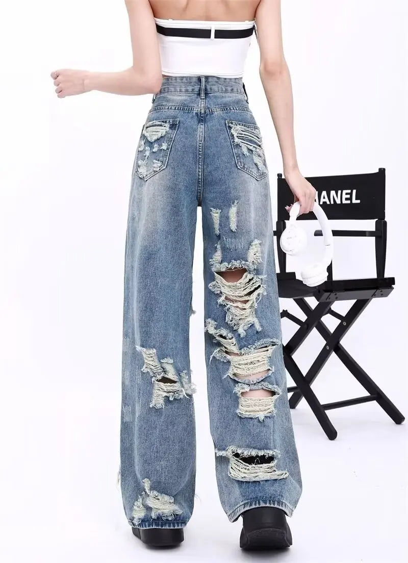 Ripped Jeans Women Summer 2024 Spring and Autumn New High Waist Slimming Straight Drape Small Wide Leg Pants Ins Fashion