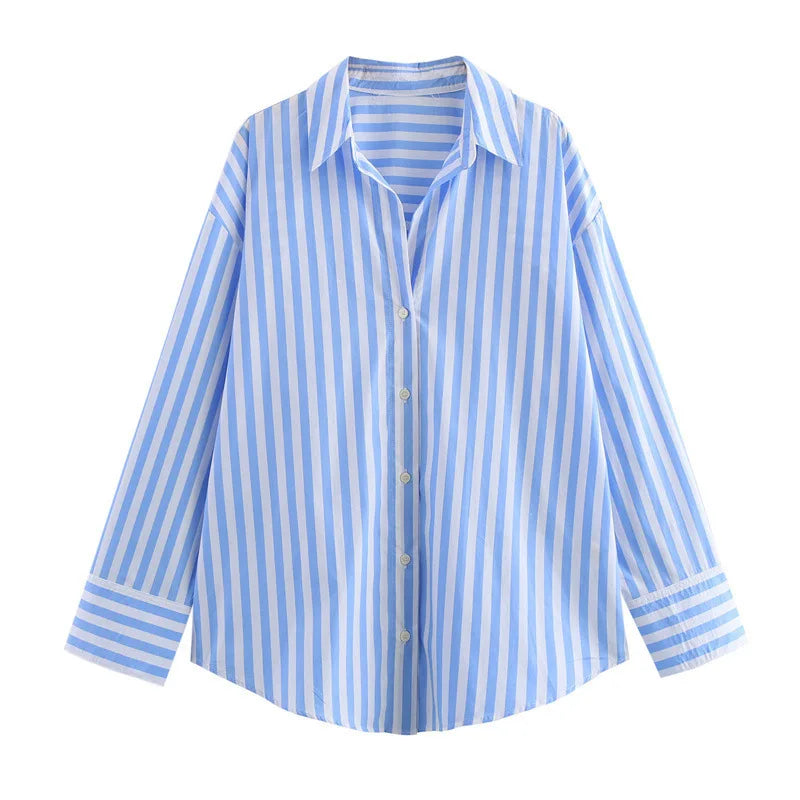 Striped Collar Shirt Oversized Single Long Sleeve Shirt Casual Stylish Loose Chic Button Shirt Spring Womens Versatile Top